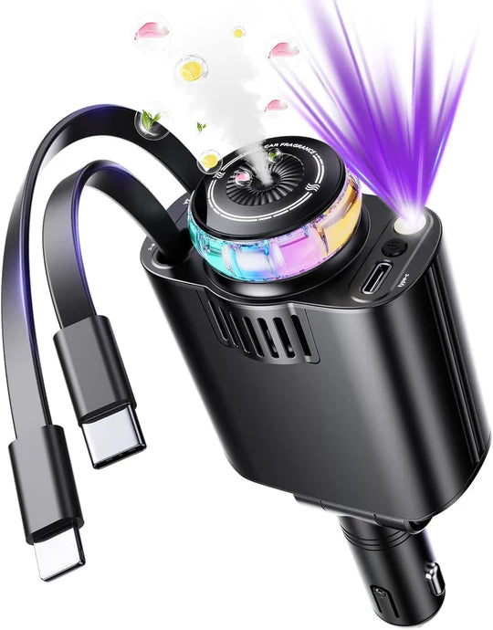 5-in-1 Retractable Car Charger with USB-C, Lightning, Aromatherapy & Starlight Projector