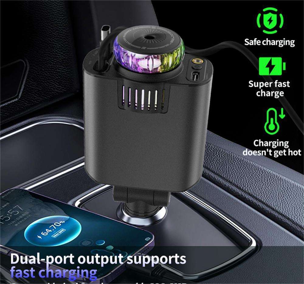 5-in-1 Retractable Car Charger with USB-C, Lightning, Aromatherapy & Starlight Projector